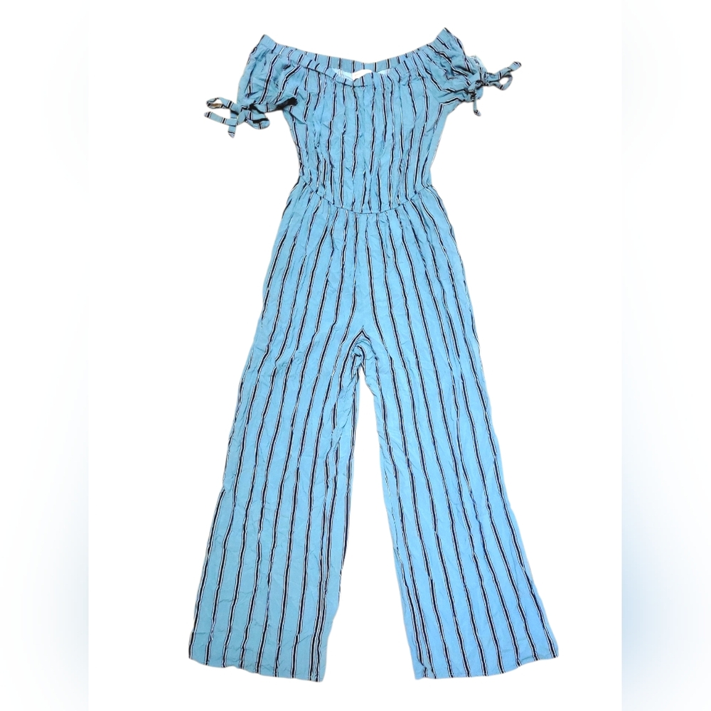 Band of Gypsies Women's Teal Striped Flowy Off-Shoulder Wide Leg Jumpsuit, Sz M